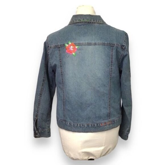 Arizona Jeans Vintage Juniors Embroidered Studded Denim Jacket, Blue, size XL - Picture 3 of 9